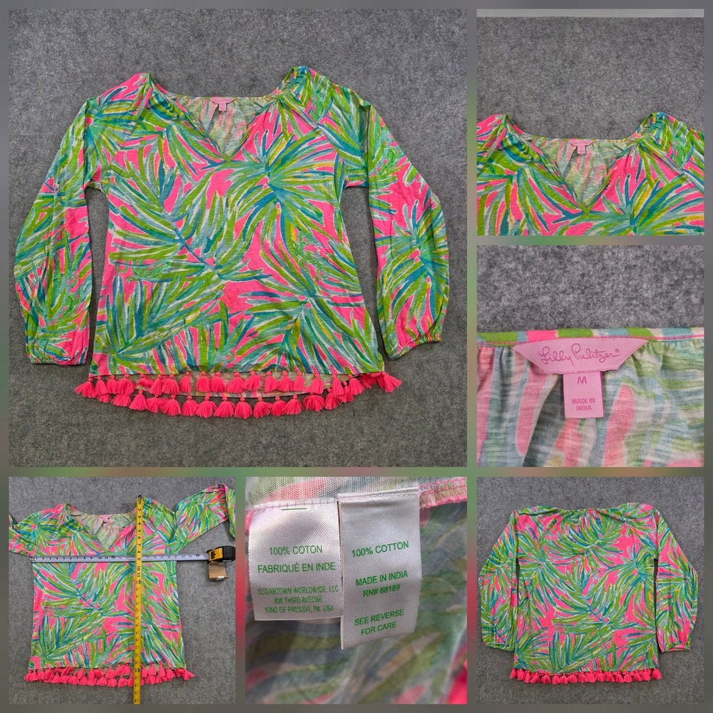 Lilly Pulitzer Blouse Womens M Multicolor Tropical Leaf Tunic Tassel Hem V Neck